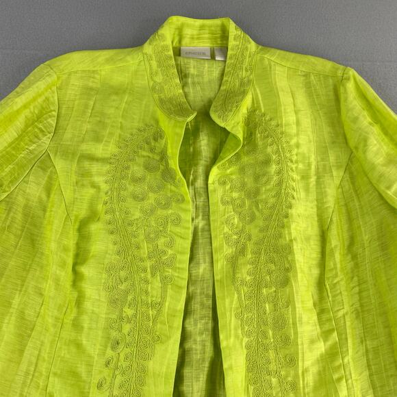 Chico's Lime Green Linen Blend Crinkle Embroidered Open Jacket Women's 3 (XL/16) - Picture 2 of 15